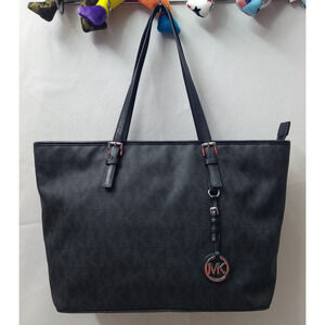 Michael Kors Black Leather MK Printed Double Handles Tote Bag